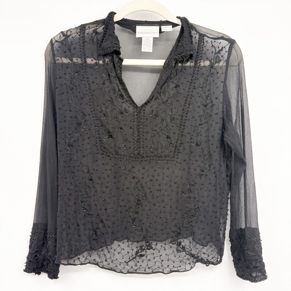 Worthington Womens Y2K Black Silk Beaded Floral Embroidery Whimsigoth Blouse 10P